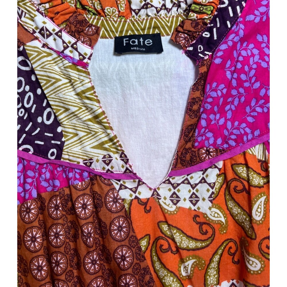 Fate Patchwork Boho Midi Maxi Dress Medium Cotton Belted Tiered Pockets 50" - Picture 3 of 13